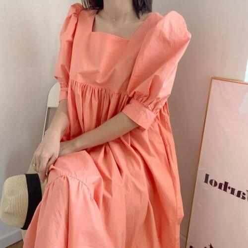 South Korea East Gate summer new solid color loose fresh sweet bubble sleeve dress