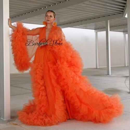 2021 High Fashion Orange Ruffles Tulle Maternity Dress Robe Puff Full Sleeves See Thru Women Dresses Jacket Formal Party Gowns