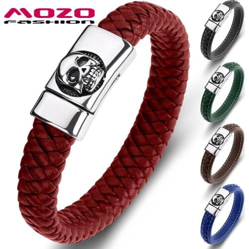 MOZO FASHION Skeleton Genuine Leather Stainless Steel Magnet Buckle Hip Hop Bracelet High Quality Multicolor Men Jewelry 094