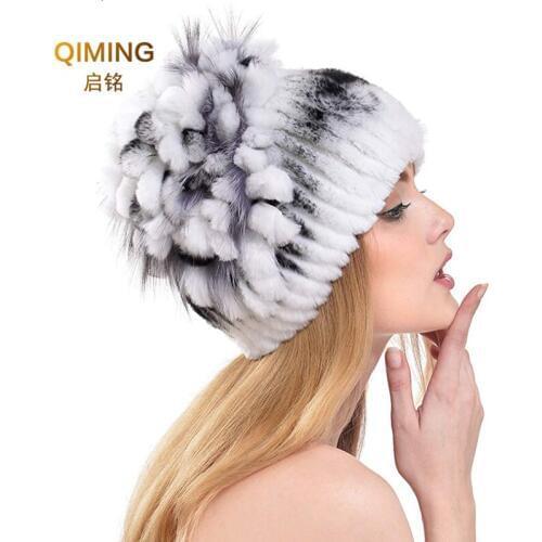 Rabbits Fur Hats Winter Women Fashion Knitting Pom Pom Hat Womens Really Leather And Fur Keep Warm Cap Beanies