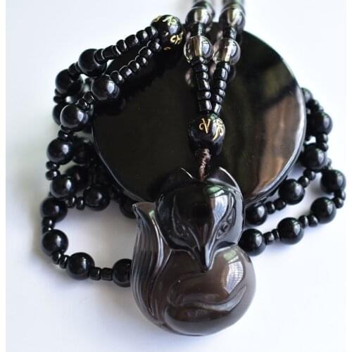Natural ice Obsidian pendant hand carved fox Necklace lucky Amulet Pendant Necklace female male fashion crystal jewelry lovers