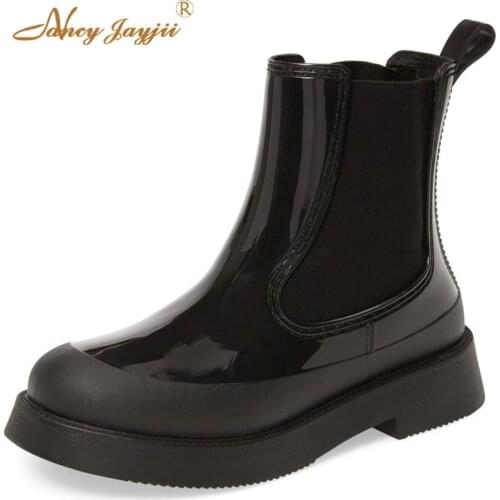 Nancyjayjii 2021 New Shoes Black Patent Leather Women Ankle Side Elastic band Flat Heels Chelsea boots Woman,Botas Masculino4-16