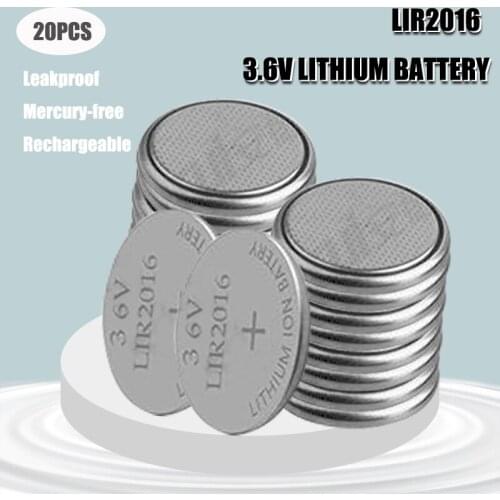 New! 20pcs/lot LIR2016 3.6V Li-on Rechargeable Button Coin Cell Battery Can Replace CR2016 for watches