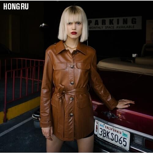 England locomotive style single breasted pu leather jacket female great quality was thin leather jacket with belt F1030