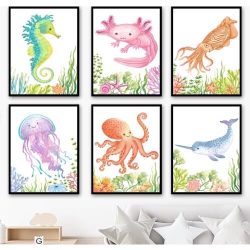 Octopus Jellyfish Hippocampus Squid Dolphin Wall Art Canvas Painting Nordic Posters And Prints Wall Pictures Kids Room Decor