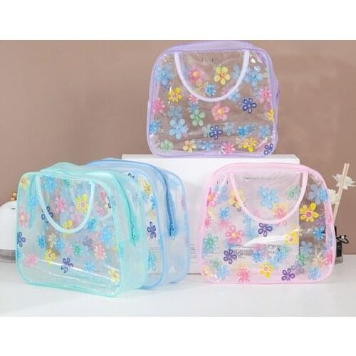 Transparent PVC Flower Print Cosmetic Bag Large-capacity Travel Toiletry Bag Convenient Waterproof Household Daily Storage Bag