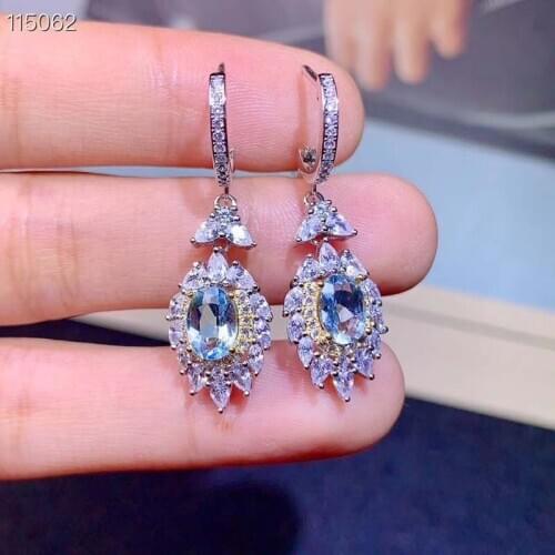Natural Aquamarine Drop Earrings for Women Top Quality S925 Heart leaves Oval Cuted Eardrops 5*7mm Party Gifts Fine Jewelry