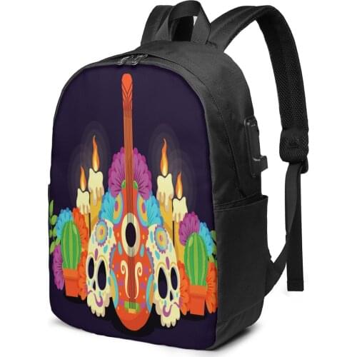 School Bag for Boy and Girl Dia Muertos Background Backpack with USB Charging Funny Daypack For Teenager Student