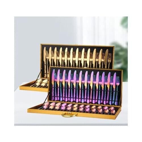 Stainless steel cutlery 48piece set gift golden wooden box set titanium-plated western tableware