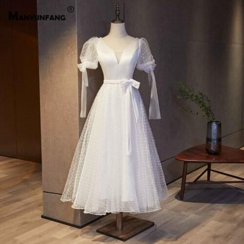 Vestido De Noiva 2021 Hot Sale V-Neck Bow Short Sleeve Bridesmaid Gown 100% Real Lace Up Back Mid-Calf A-Line Wedding Dress