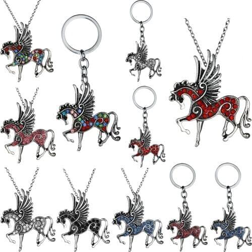 Vintage Rhinestone Crystal Flying Horse Necklace Pegasus Antique Animal Pendant Chain For Women Men Jewelry Charm Gifts BFF Hot