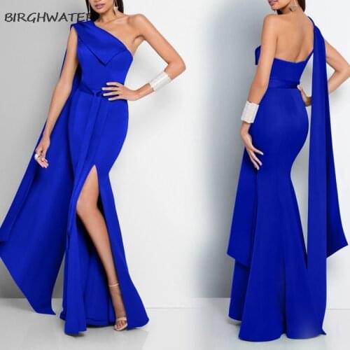 New Fashion Royal Blue Satin Mermaid Evening Dresses With Sash Long 2021 One Shoulder Prom Party Dresses For Form Wear Vestidos