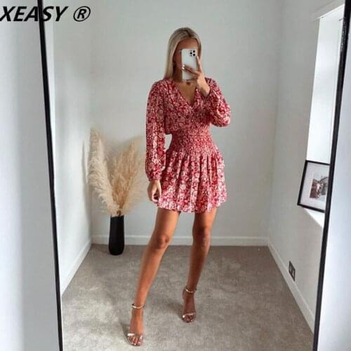 XEASY 2021 Women New Chic V Neck Totem Floral Print Elastic Waist Ruffles Mini Dress Female Elegant Long Sleeve Slim Dresses