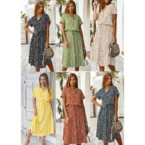 Fashion Summer Dress Short Sleeve Polka Dot Print Dress Women High Waist Sashes A Line Single-Breasted Bohemian Midi Dresses