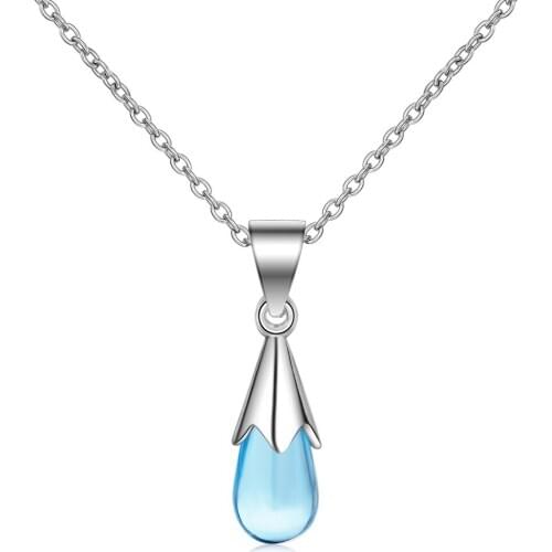 Blue Crystal Water Drop 925 Sterling Silver Pendant Necklace For Women Cute Korean Simple Fashion Short Minimalist Chain Jewelry