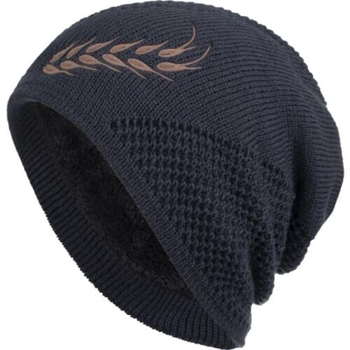 Winter New Beanie Hat Men Plush Windproof Hedging Cap Casual Kintted Warm Wheat Ears Print Male Woolen Hat