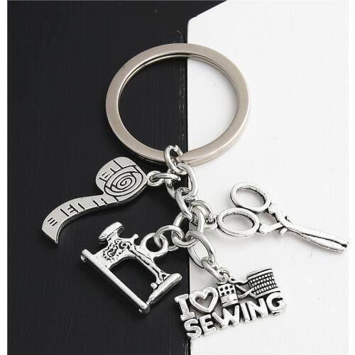 1Pc Handmade I Love Sewing Pendant Keychain Tailoring Machine Scissors and Tape Measure Keyring Jewelry E2217