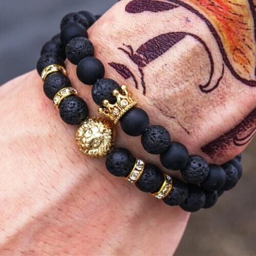 8mm Natural Lava Stone Beads Lion Bracelet Black Braclets Set Bileklik Erkek Handmade Bracelets Women Jewellery Men Accessories