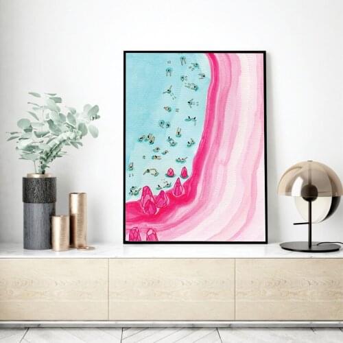 Watercolor Sea Beach Poster Pink Coastal Art Print Personalize Gift Canvas Painting Modern Summer Wall Picture Living Room Decor