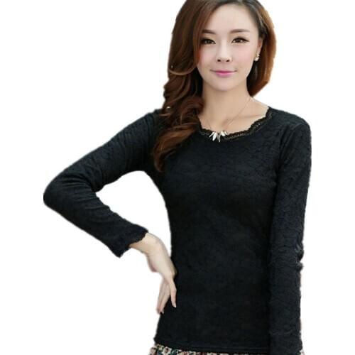 Plus Velvet Black Lace Shirt Female Autumn Winter Thickened Warm Cashmere Blouse femininas long-sleeved Tops Clothing For Women