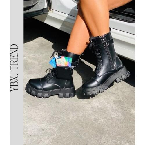 Punk Pocket Decor Lace-up Boots For Women Men New Leather Warm Front Combat Boots Trend Storage Package Sexy Snow Boots