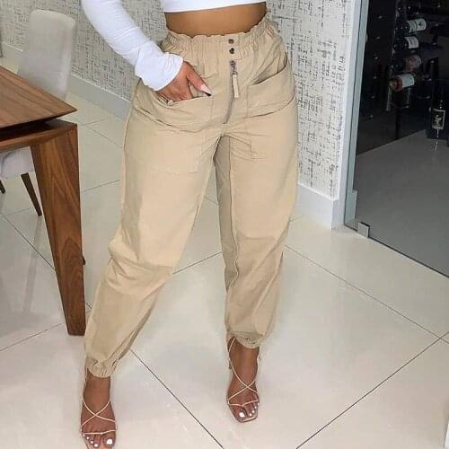 High Waist Zipper Button Pocket Design Pleated Detail Harem Pants Girls Spring and Summer Casual Womens Solid Color Trousers