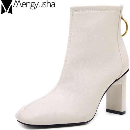 European Brand Back Zipper Boots Women High Heels Short Boot Mujer Square Toe Chelsea Botas Winter Mid-Calf Short Botines Femme