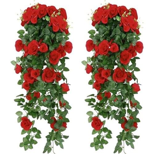 Artificial Rose Fake Flowers Hanging Plant Wall Home Balcony Basket Decor Pack of 2