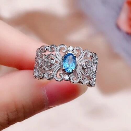 Luxurious ancient wide Hollowing Natural blue topaz ring S925 silver natural gemstone ring girl women man party gift jewelry