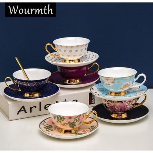 WOURMTH Bone China Coffee Cup Set Beautiful Flowers Ceramic Tea Cups And Saucers British Style Office Teacup Porcelain Nice Gift