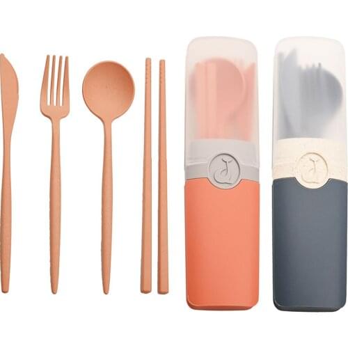 5Pcs Travel Cutlery Orange Tableware Set Portable Cutlery Box Wheat Straw Chopstick Knife Fork Spoon Student Dinnerware Set