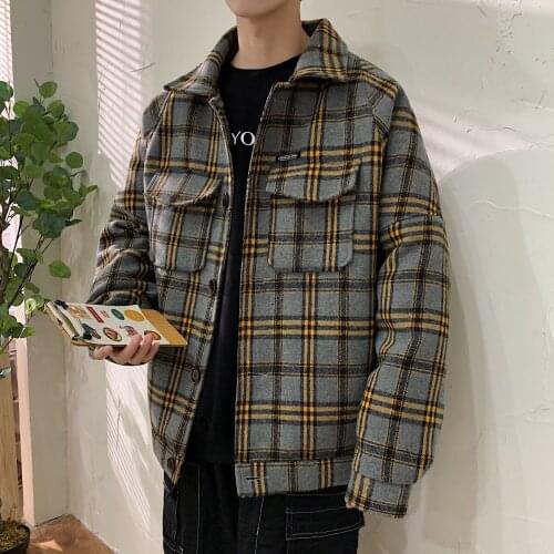 2021 Autumn New Mens Harajuku Outerwear Mens Plaid Woolen Overcoat Streetwear Men Casual Loose Windbreaker Coats