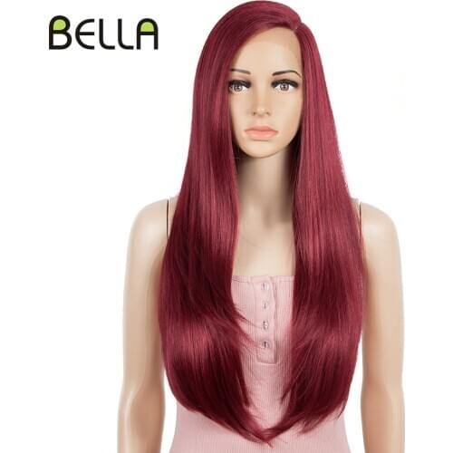 BELLA Red Wig Synthetic Lace Front Wig Burgundy Red 30" Long Straight Hair U Part Lace Red Pink Side Part Wigs For Women Cosplay