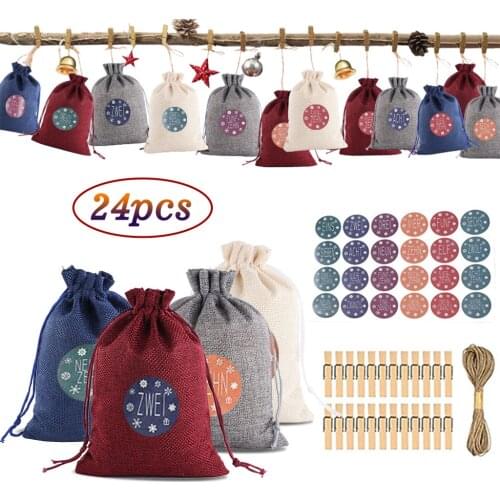 Christmas Suit Belt Christmas Pattern Candy Bag 1-24 Advent Calendar Bundle Cotton Linen Gift Bag New Year Candy Bag Wholesale