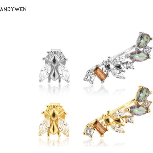 ANDYWEN 925 Sterling Silver Gold Long Rainbow Bees Climber Earring Piercing Irregular Pin Piercing Rock Punk Fashion Jewelry