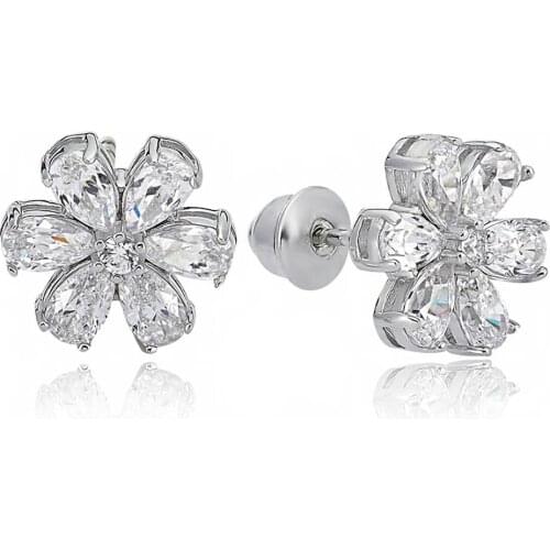 Valori Jewels Magnolia Flower Earring , 2 Ct Zircon White Pear Gemstone , Rhodium Plated ,925 Silver, Fine Jewelry