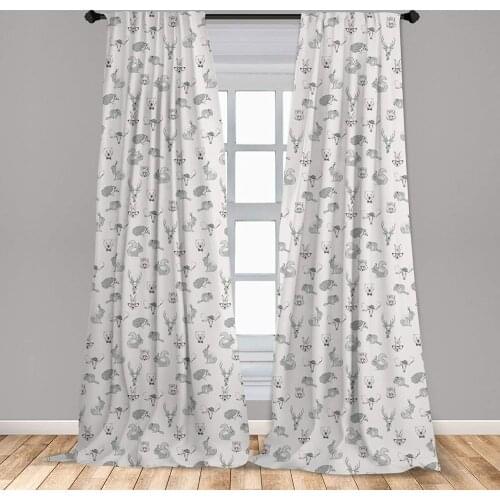 Grey Curtain Illustration of Weird Forest Animals in Retro Style Rabbit Fox Dear Wild Boho Artwork Window Curtain Living Room
