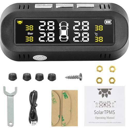 Solar Charging with USB Car TPMS Tire Pressure Monitoring System Digital LCD Display Auto Alarm tool Wireless 4 external Sensor