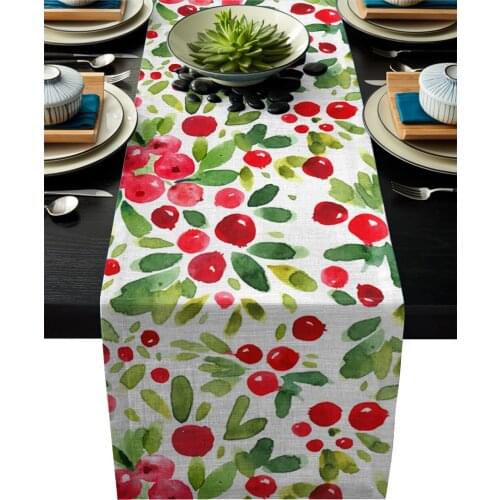 Summer Fruit Red Cherry Green Leaves Green Table Runner Modern Linen Cotton Tablecloth Home Wedding Party Dinning Table Decor