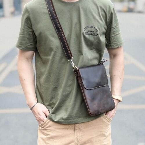 Fashion retro mens summer sports lightweight shoulder bag simple casual natural genuine leather hot sale strap messenger bag