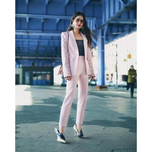 Light Pink Single Breasted Womens Suit Office Set Slim Fit Business Fashion Casual Plus Size Jacket Blazer and Wide Leg Pants