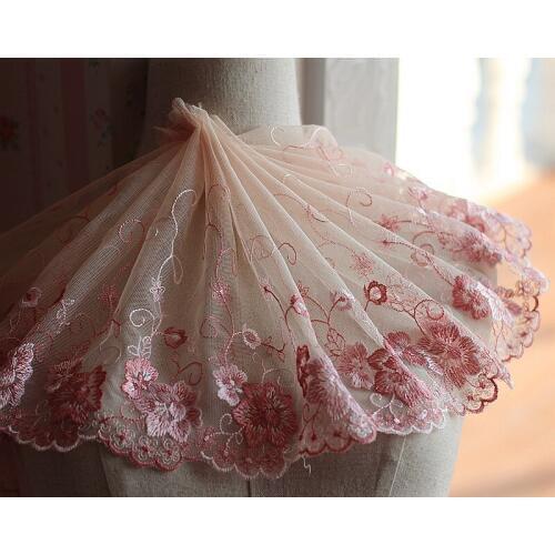 2yards/lot 22cm wide Embroidered Tulle Lace trim mesh lace trim ~Cream-pink ~ beautiful