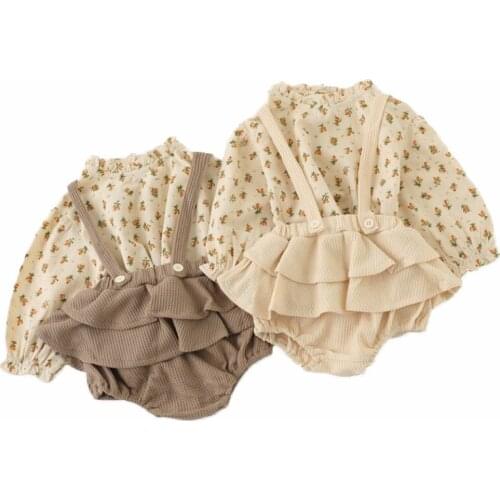 Baby Girls Vintage Clothes Set Spring Suspender Romper+Thin Floral Shirt For Summer Toddler Outfits Newborn Infant Jumpsuits