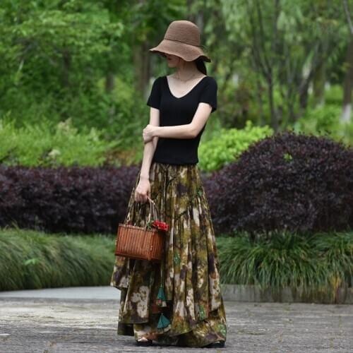 TIYIHAILEY 2020 Free Shipping Fashion Long Maxi A-line Elastic Waist Women Summer Cotton Linen S-2XL Flower Skirts Print Skirts