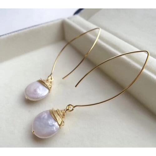 WT-E542Natural Freshwater Pearl Earring Round Shape Pearl Pendant With Brass Wire Wrap Earring Wedding Earring Jewelry