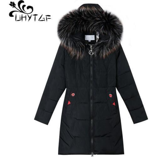 UHYTGF Women cotton Thicken Winter Female Jackets New Fashion Hooded Parka Jacket Korean Big fur collar Warm Womens Coats X391