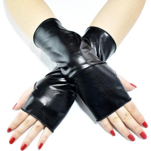 Women Leather Feeling Fingerless Short Gloves Halloween Wrist Party Mittens Stage Performance Hip Hop Gloves For Ladies