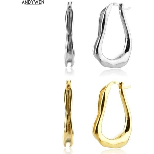 ANDYWEN New 925 Sterling Silver Gold Plain Big Pear Oval Hoops Circle Earring Huggies Large Jewelry Gift Geometric Irregular