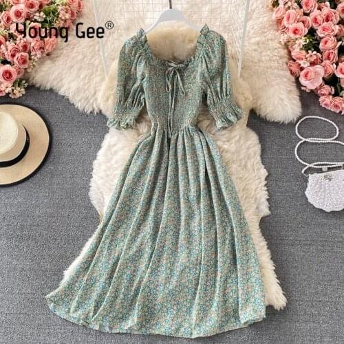 Young Gee Floral Print Bohemian Dress Women Boho Slim Chiffon Short Sleeve A Line Square Collar Summer Beach Dress Vestidos