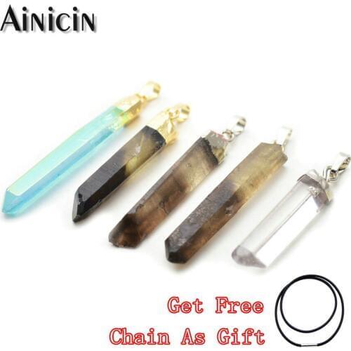 10pcs Rock Crystal Point Blue Plating Gold Silver Head Pendants Tea Quartz 40~60mm Natural Stone Jewelry Get Free Chain Necklace